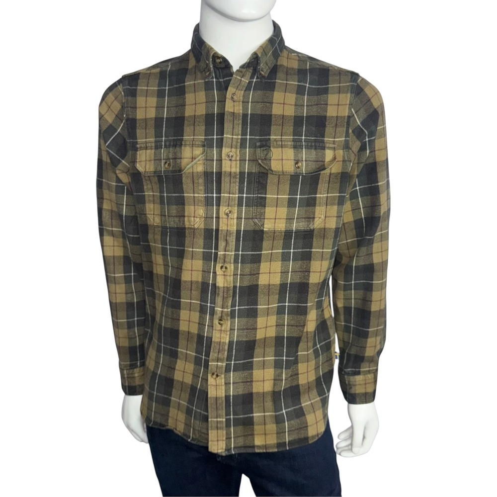 Fjallraven Singi Heavy Flannel Shirt Mens Large Olive Brown Plaid 81373 Regular